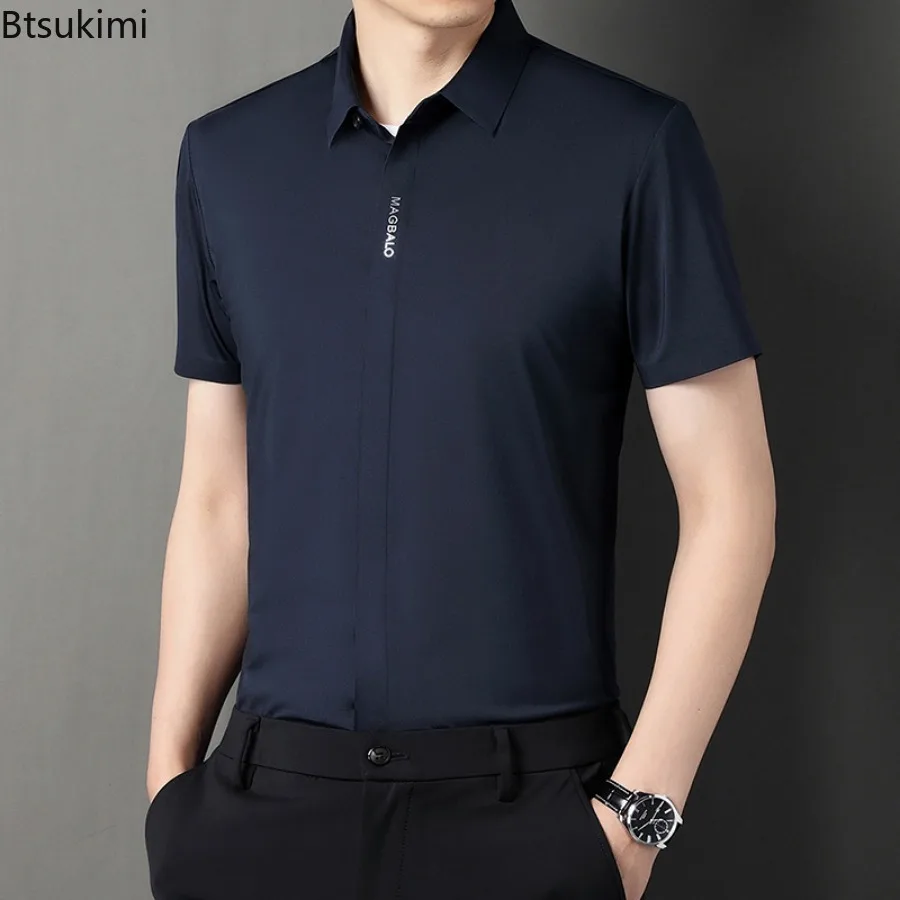 Fashion New Men's Summer Ice Silk Short Sleeve Shirts Solid Slim Business Casual Shirts Men Comfy Elastic Cardigan Social Blouse