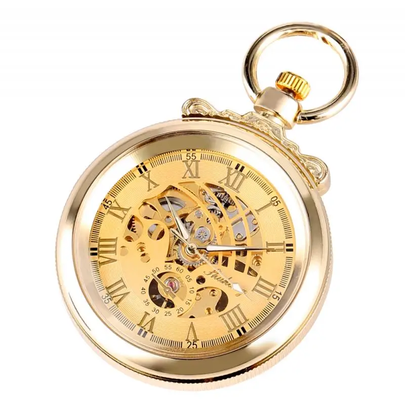 Vintage Golden Mechanical Pocket Watch Movement Roman Numerals Pendant Fob Chain Anique Clock Hours Men Women Xmas Gifts