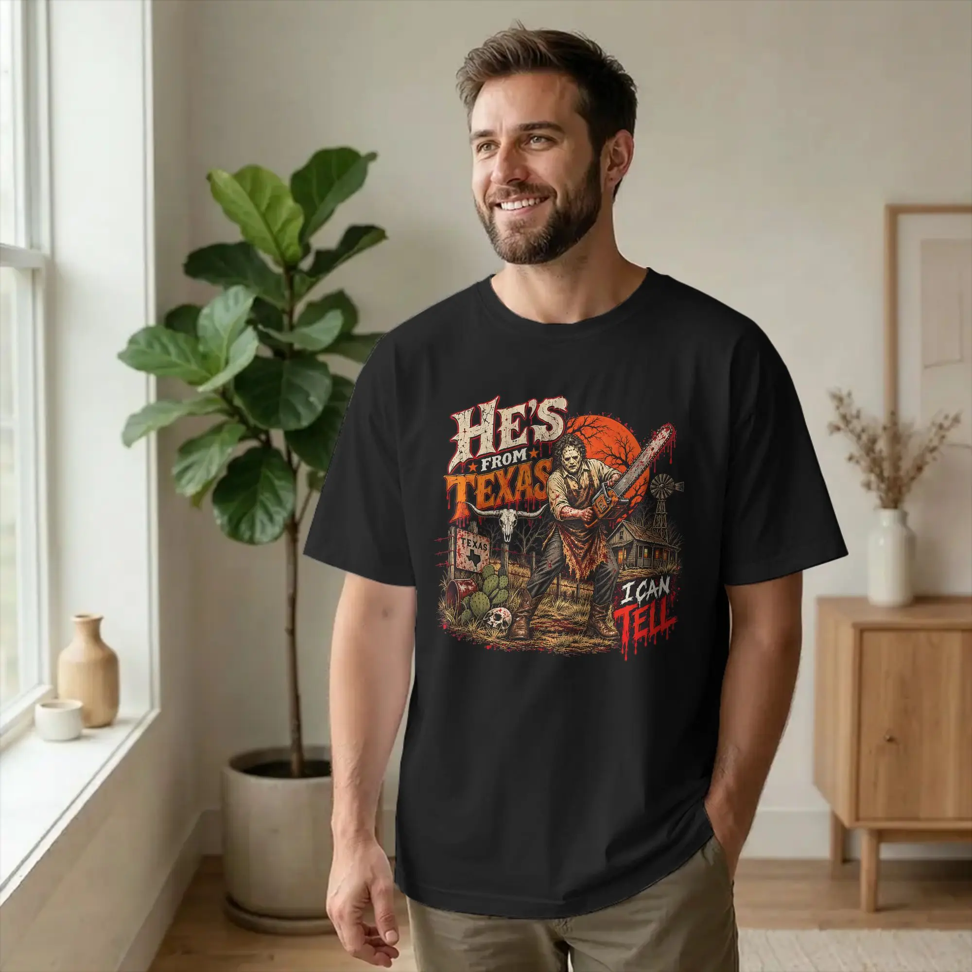 Hes from Texas I Can Tell Chainsaw T-Shirt for Men Horror Halloween Funny 100% Cotton Tee Shirt O Neck T Shirt Gift Idea Tops