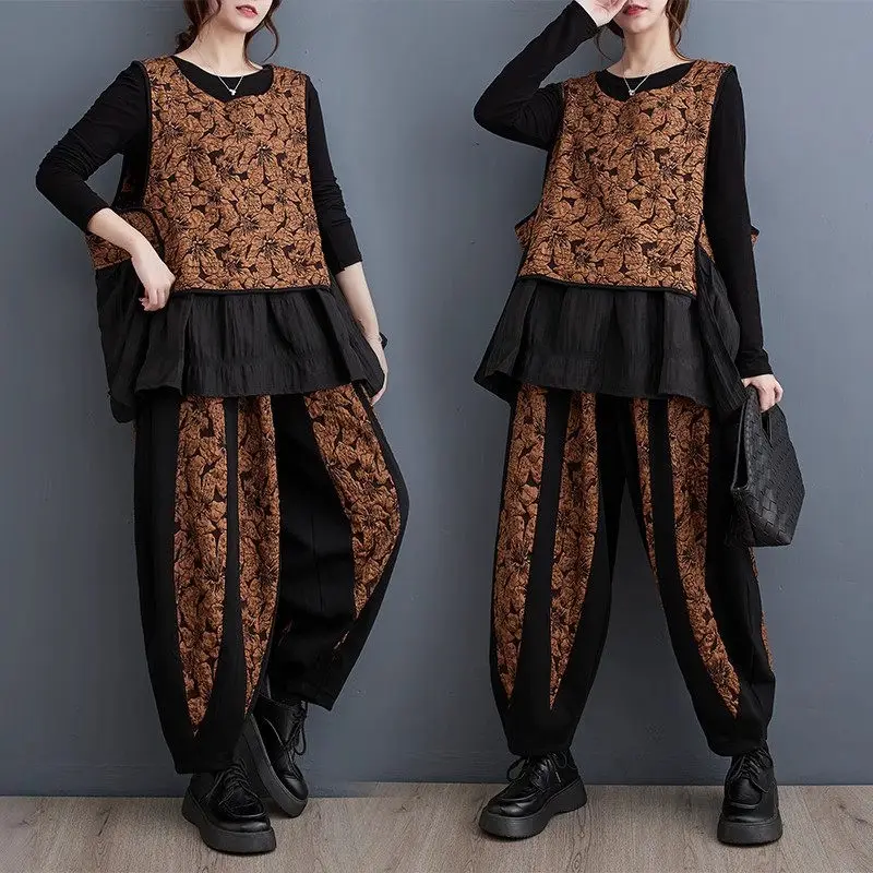 Oversized Autumn/Winter Sleeveless Jacket Trousers Suit Loose Vintage Flower Spliced Fashion Vest+Harlan Pants 2 Piece Set Z3447