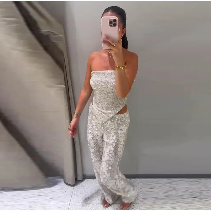 Pailletten-Zweiteiler für Damen, schulterfreies Tube-Top, mittelhohe Taille, gerade geschnittene Hose, sexy, modisches, passendes Outfit für Partys – Detail 5