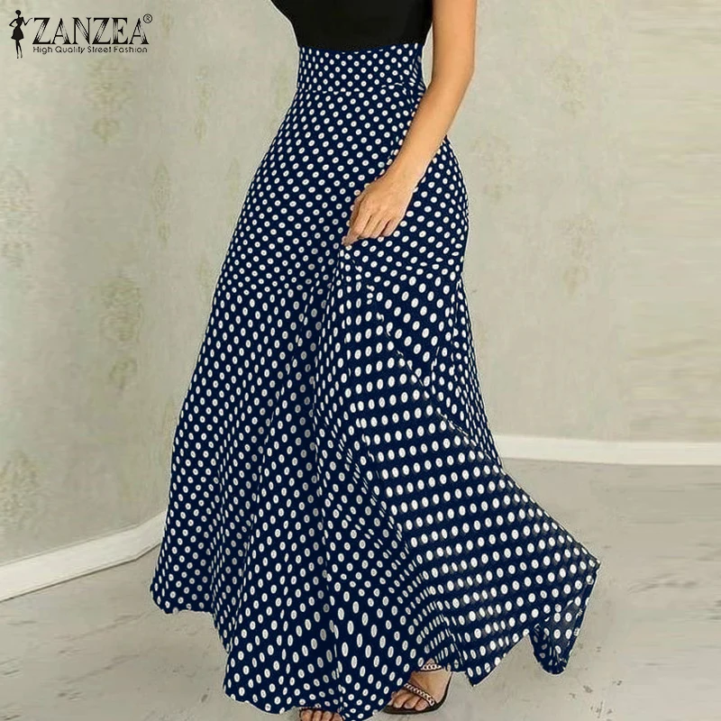 ZANZEA Women's Polka Dot Maxi Skirt Elegant High Waist Back Zipper Loose A-Line Swing Skirts Autumn Fashion Commute Streetwear