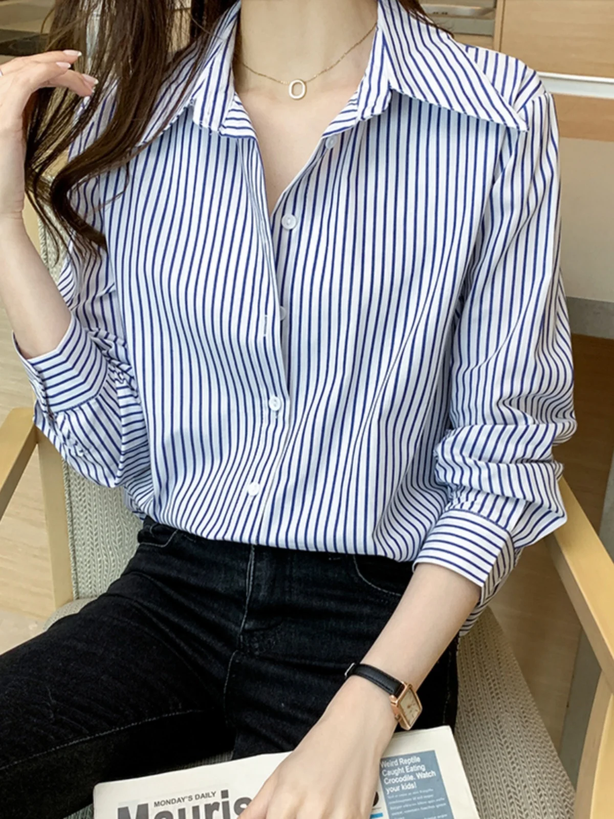 

Casual Striped Long Sleeve Women's Shirt Loose Fit Commute Versatile Professional Slimming Casual Style Polyester Fiber
