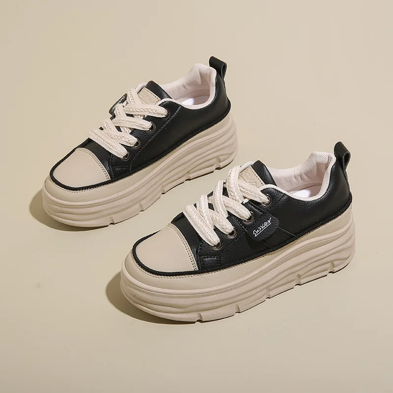

Women's Black and Beige Chunky Sole Dad Shoes – Casual Platform Sneakers with Thick Sole for Everyday Wear