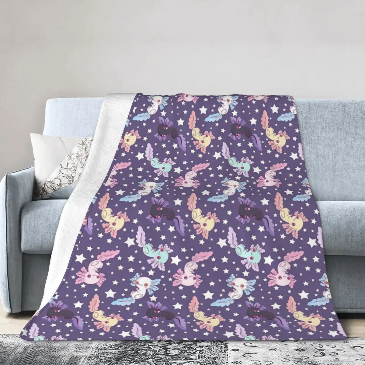 Kawaii Axolotl Pattern Lilac Blankets Soft Warm Flannel Throw Blanket Bedding for Bed Living room Picnic Travel Home Sofa