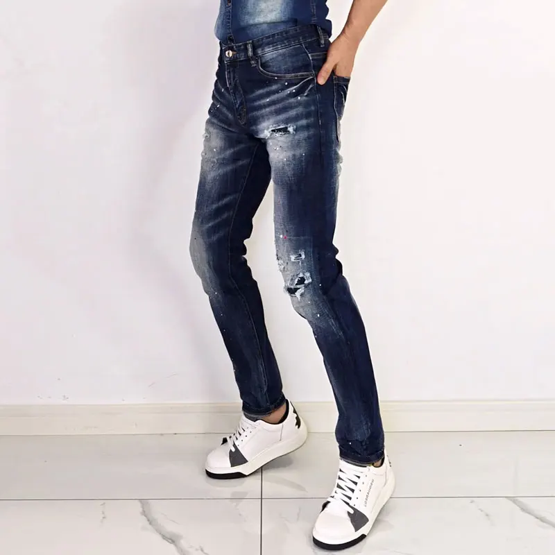 Street fashion men's jeans, high-quality stretch slim fit painted corrugated jeans designer retro brand retro blue pants hombre