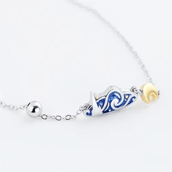 925 Sterling Silver Art Creativity Van Gogh Oil Painting Starry Sky Moon Blue Drop Glaze Fine Jewelry Female Necklace SNE496
