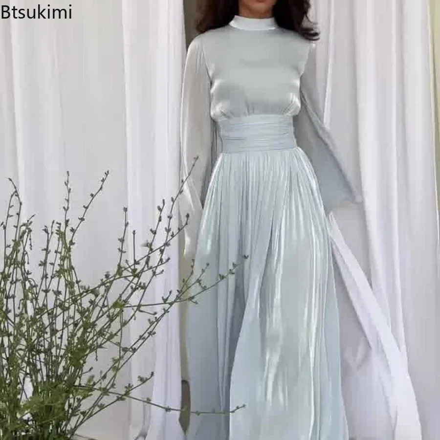 

Fashion High Waist Pleated Long Dress Casual Autumn Solid Lace Up Banquet Dresses French Temperament Women's O-neck Party Dress