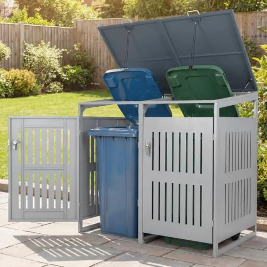 Outdoor trash can storage for patio/backyard/garden: 44 cu.ft, galvanized steel, charcoal gray, weatherproof with lockable door