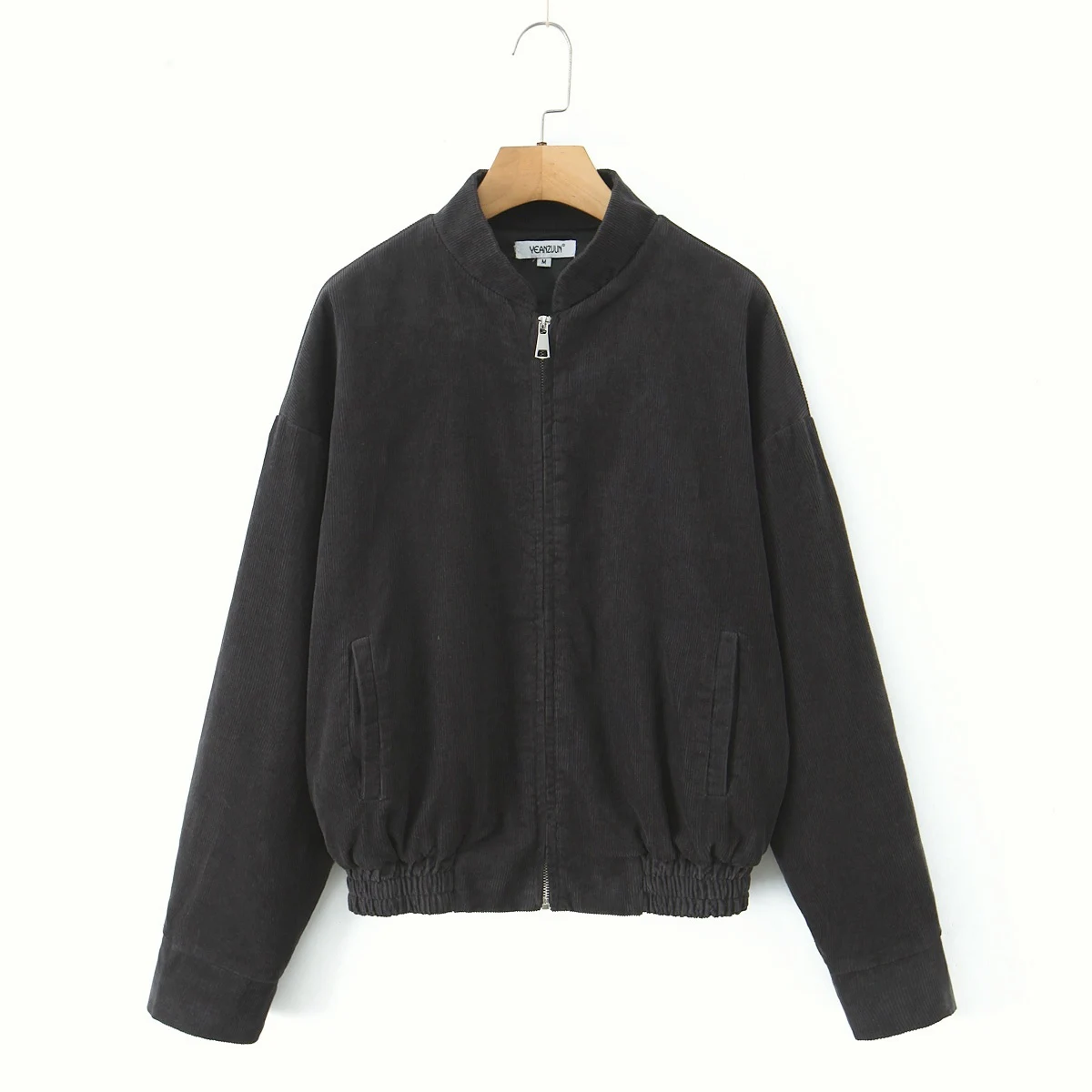 

Темно-серая вельветовая ткань в стиле ретро, маленькая свободная куртка с воротником-стойкой и длинными рукавами, короткая куртка, топ