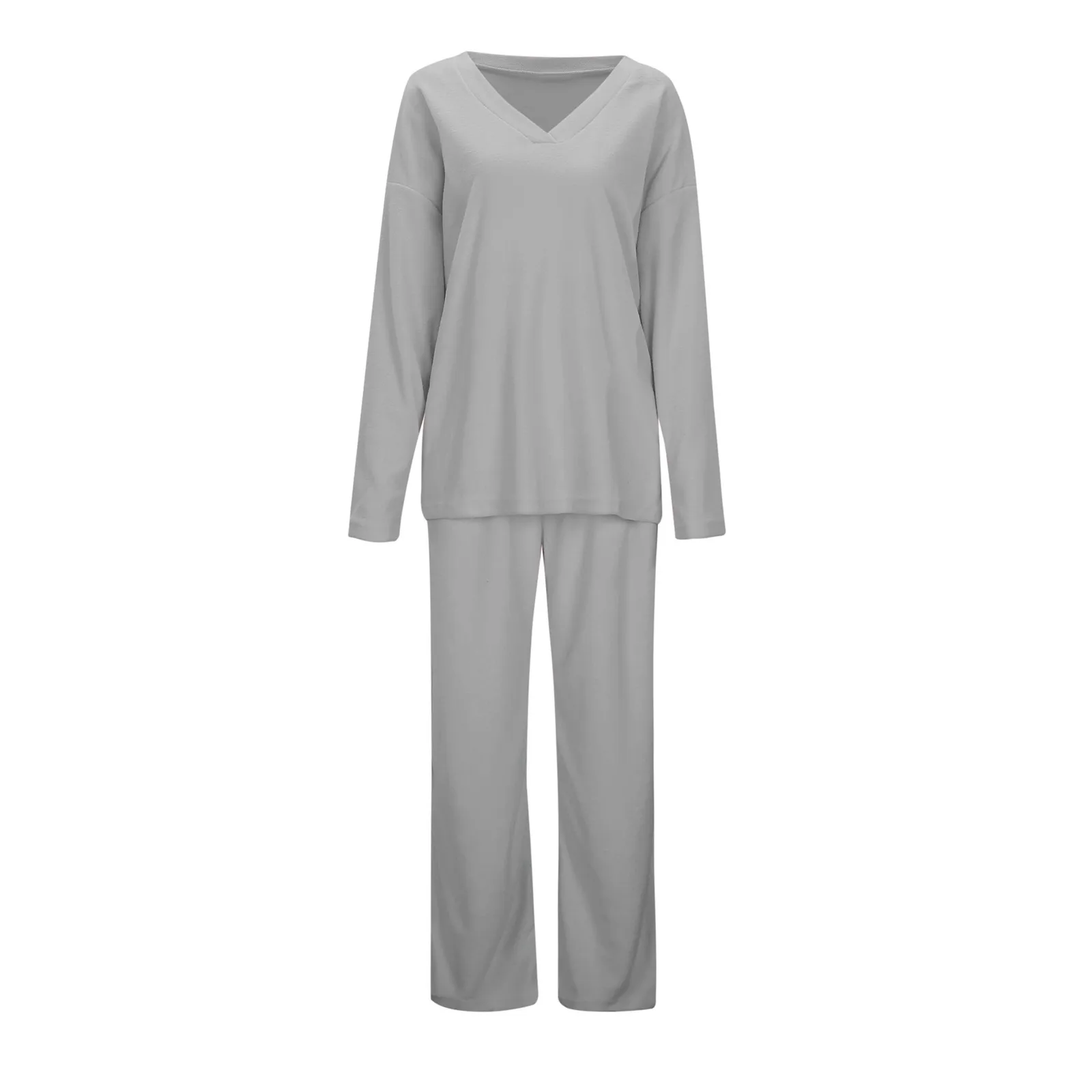 Autumn Winter Women Pajamas Set Solid Oversized V Neck Tops Long Pants Suit Comfort Casual Home Warm Sleepwear Outfit Pijama