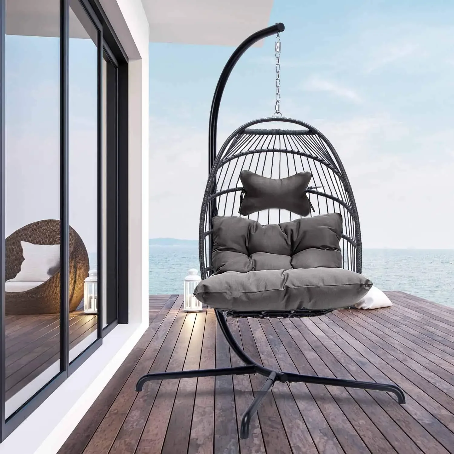 Egg Chair Indoor Outdoor Patio Wicker Hanging Egg Chair Swing Egg Basket Chairs with Stand UV Resistant Cushions 350lb