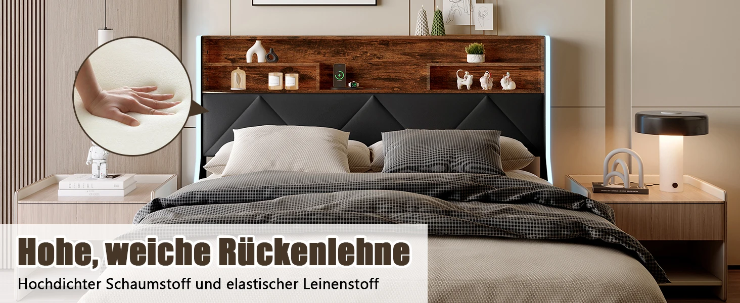 Comanlai Gepolstertes Doppelbett mit LED und USB, Jugendbett mit 4 Schubladen, Funktionaler Bettrahmen mit Stauraum im Kopfteil, Leinen – Detail 8