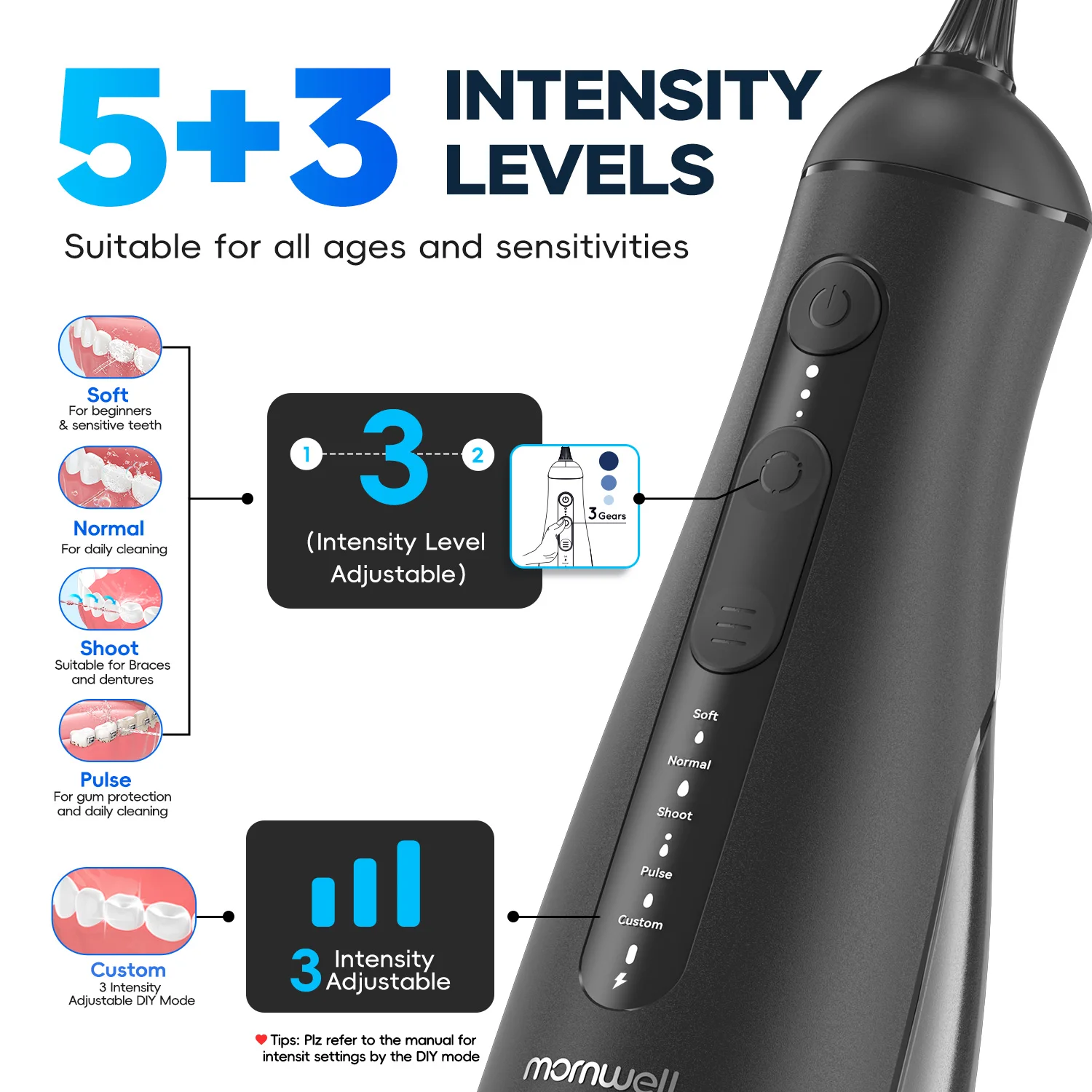 Portable Oral Irrigator with 5 Jet Tips , 5 Cleaning Modes of 3 water pressure , 300ml Water Tank IPX7 Waterproof Water Flosser image 6