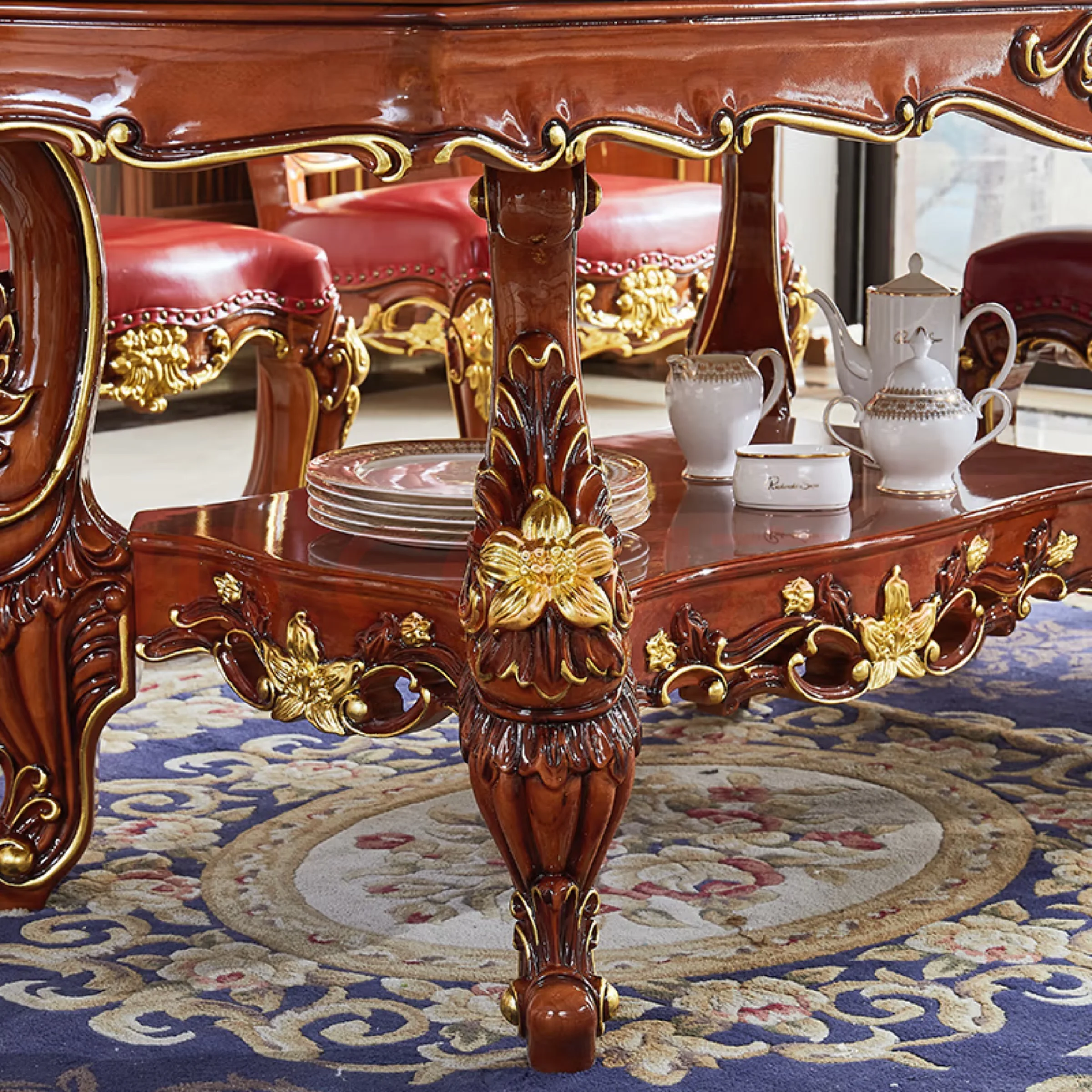 European style solid wood dining table luxury carved high-end restaurant dining table and chair combination