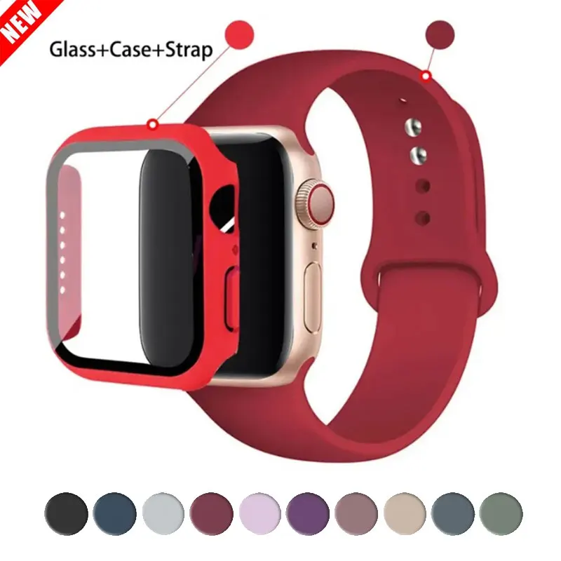 Glass+Case+Strap For Apple Watch band 44mm 41mm 45mm 40mm 38mm 42mm Silicone bracelet iWatch series 9 8 3 4 5 6 se 7 watchbands