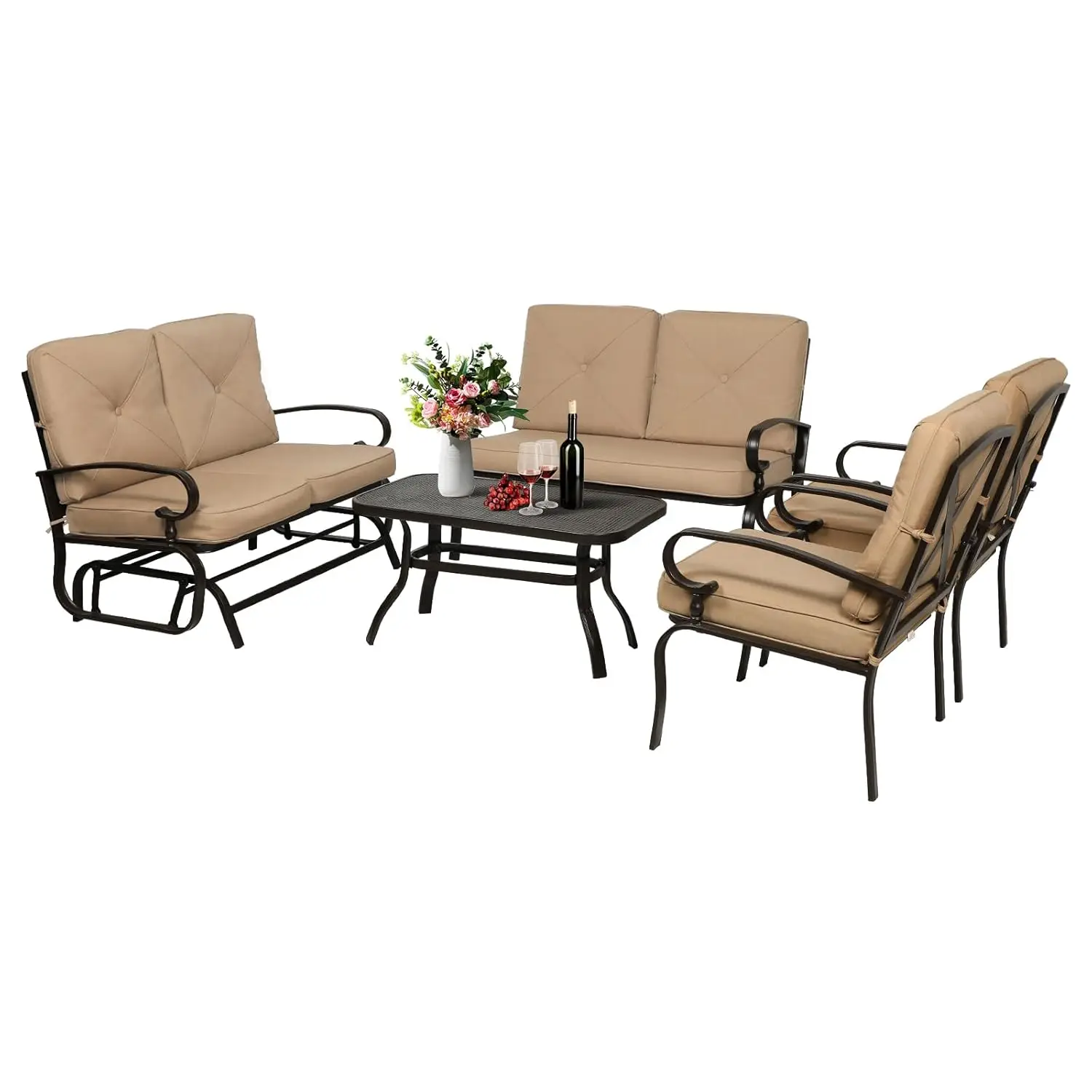*u-5-Piece Outdoor Metal Furniture Sets Patio Conversation Set Wrought Iron Glider, 2 Single Chairs, Loveseat And, Customized