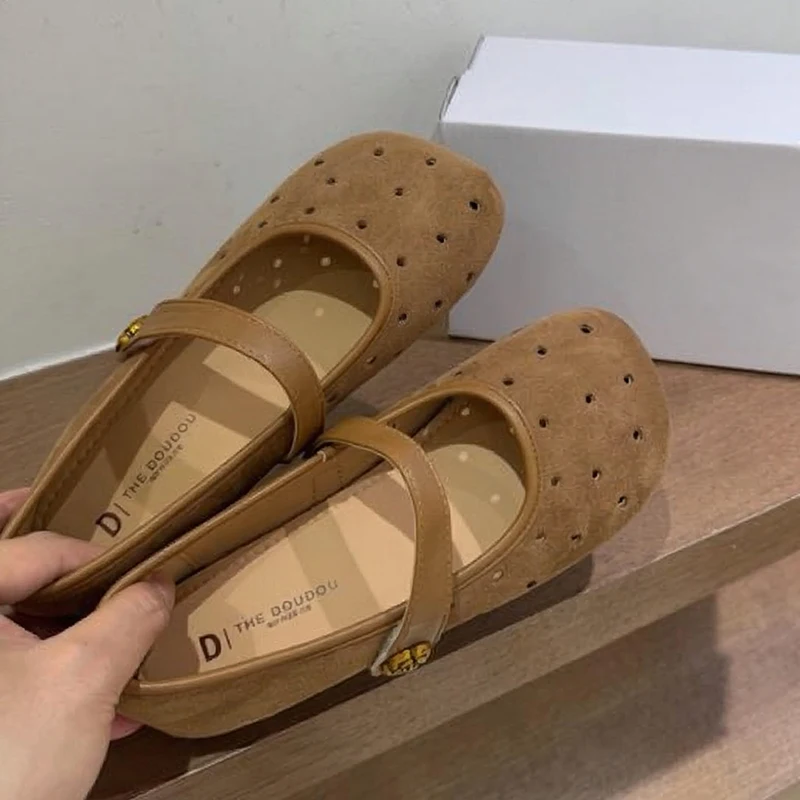 Round Toe Rose Strap Slip On Casual Summer Office Walking Dress Pumps Women's Ladies Suede Perforated Mary Jane Flat Shoes