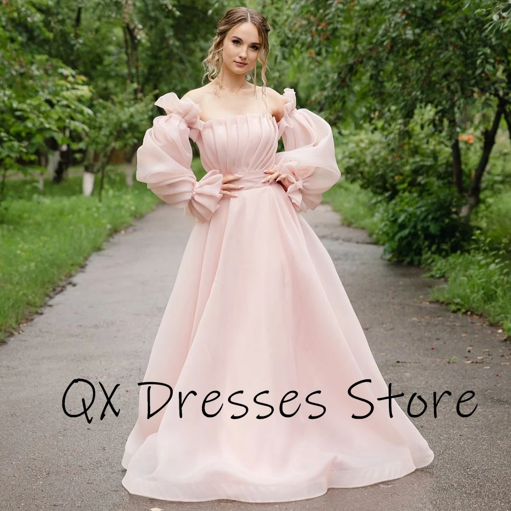 Vestido de noche de tul plisado sin tirantes personalizado, vestido de fiesta drapeado de corte en A con mangas completas, vestido de fiesta largo hasta el suelo sin espalda para mujer