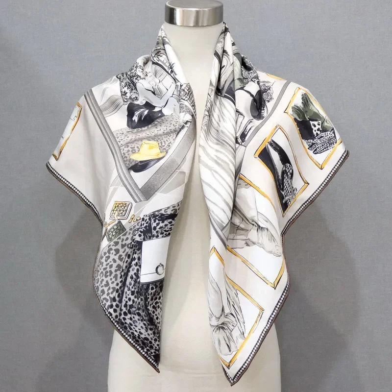 High-end Elegant Women\'s Fine Luxury Double-sided Printed Quality 18MM Twill Silk Hand-rolled Edge Large Square Scarf Shawl