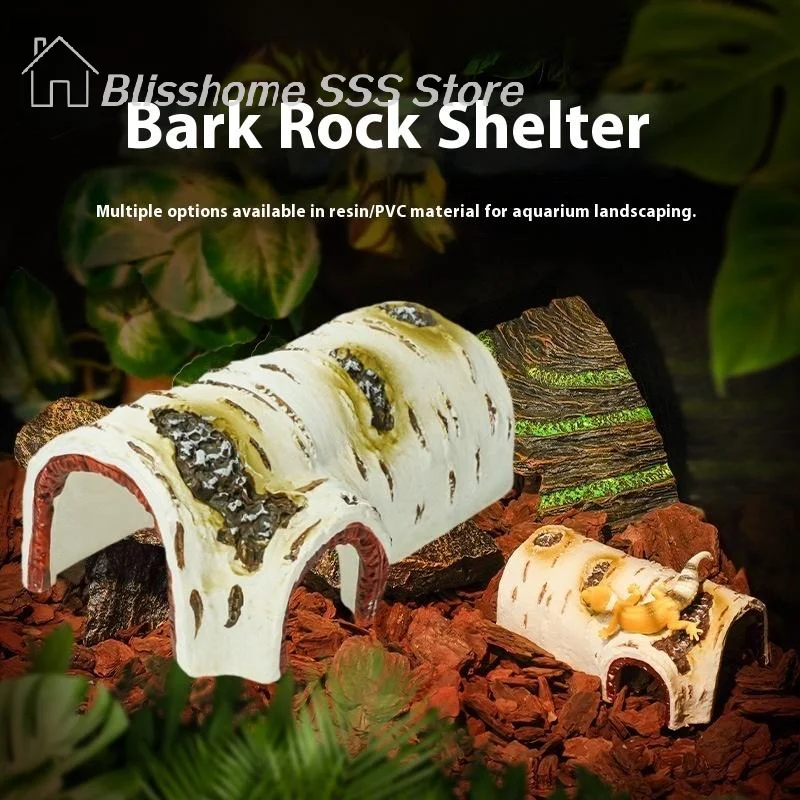 【S】1Pcs Sturdy Birch Wood Texture PVC Shelter Reptile Hideaway Cave For Lizards And Amphibians Shedding Relaxing & Play