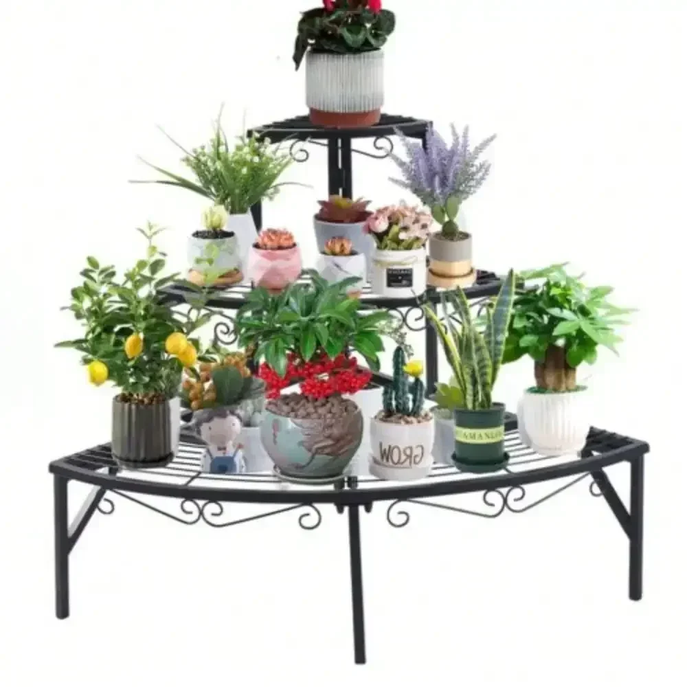 

3-Stairs Curved Corner Stands Shelf Plant Stand Multiple Potted Storage Black