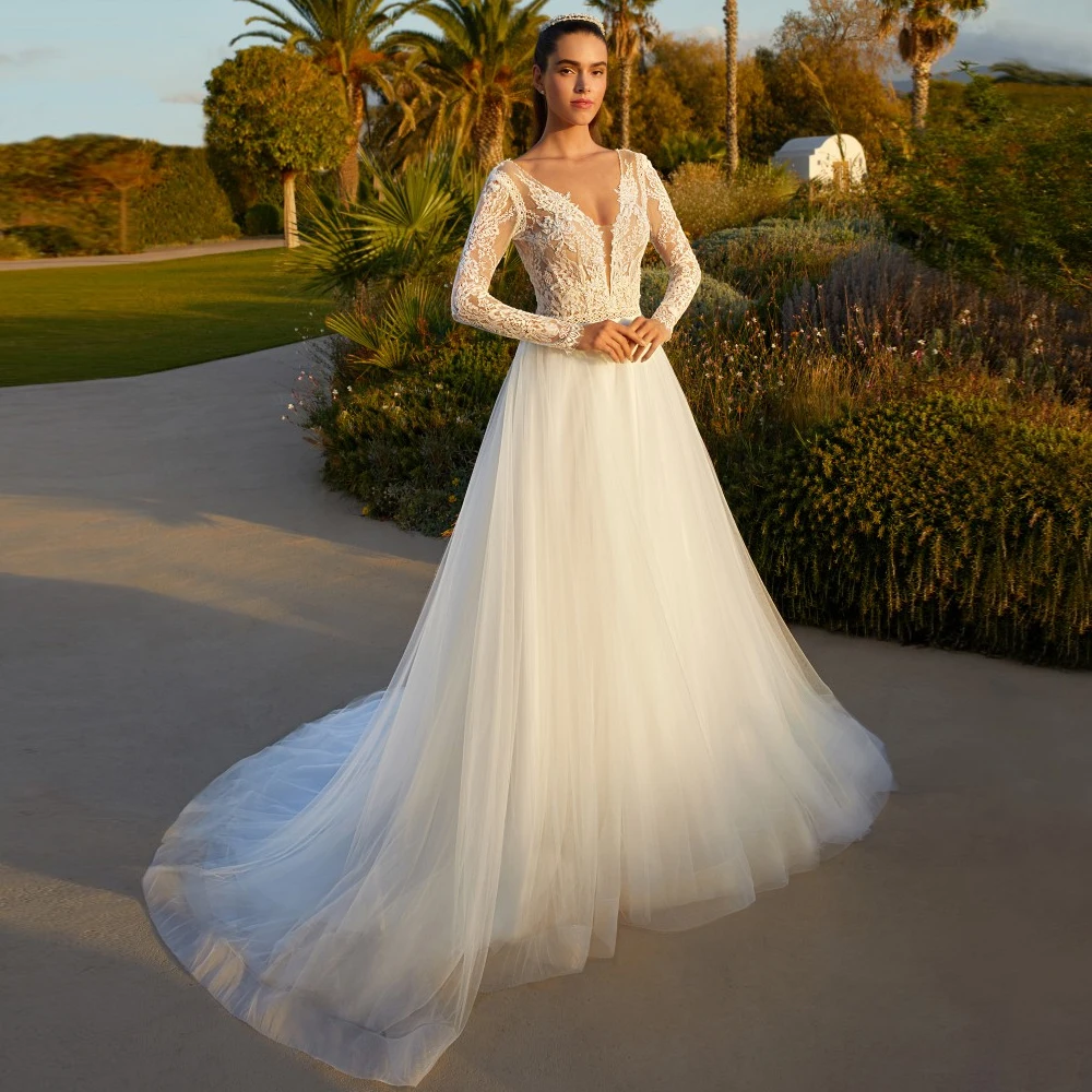 

Свадебные платья трапециевидной формы по индивидуальному заказу с глубоким V-образным вырезом и длинными рукавами, свадебные платья с аппликацией, кружевная молния с V-образным вырезом сзади, иллюзия Vestido de novia