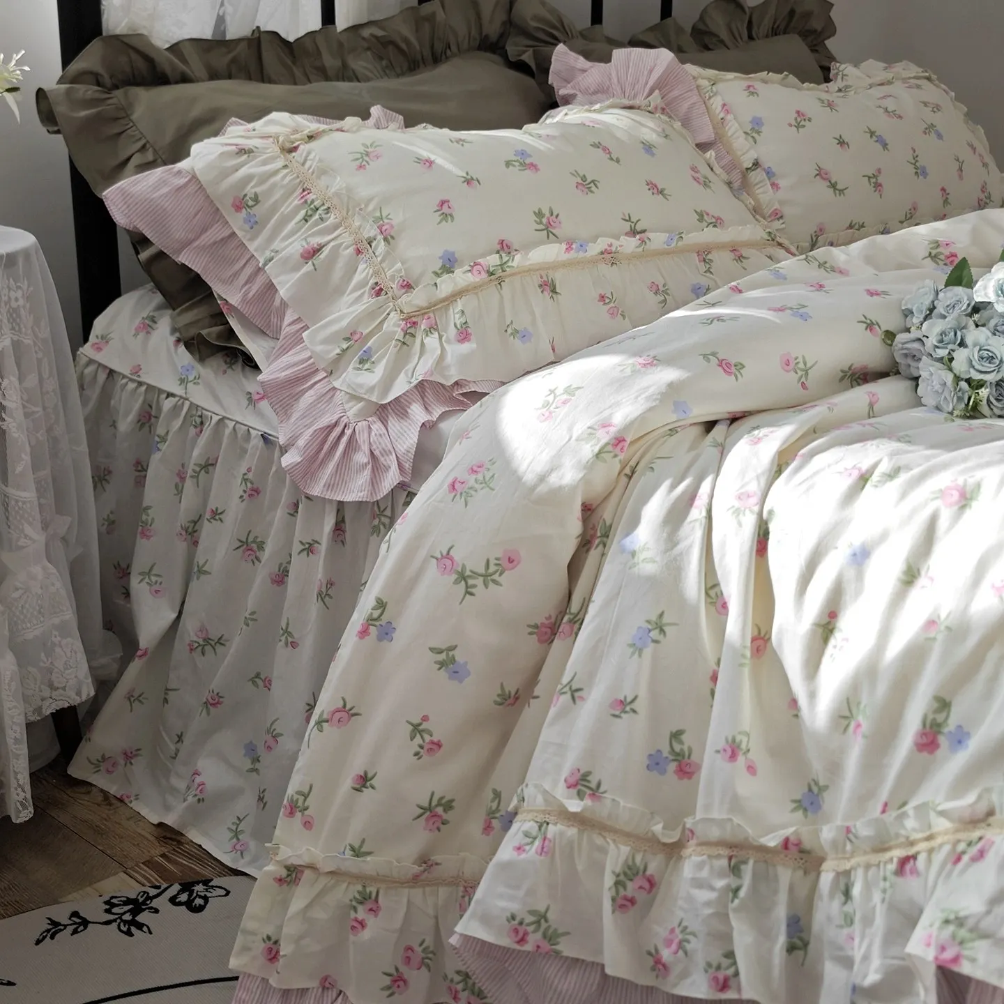 

Cute Floral Rose Bedding Set, 100% Cotton Lace Ruffle Duvet Cover Set For King, Fresh Princess Bed Sheet Available Size Custom