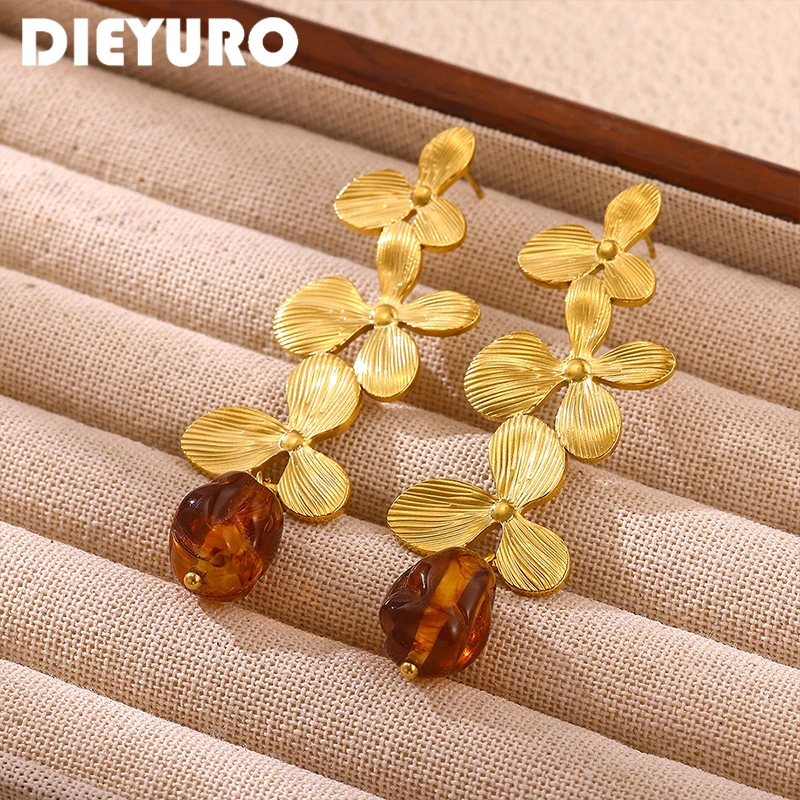DIEYURO Stainless Steel Vintage Golden Flower Amber Resin Bead Earrings Women Bohemian Earrings Elegant Popular Jewelry Gift