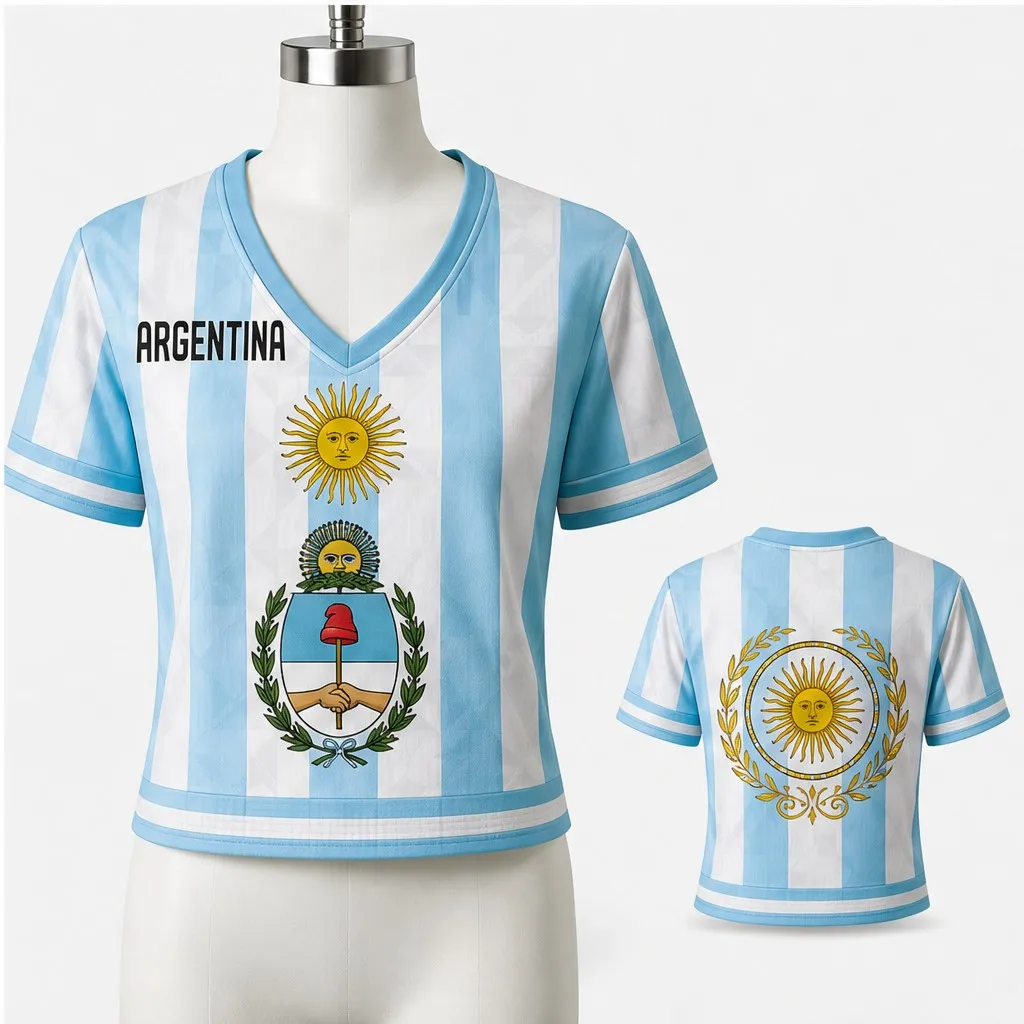Womens Argentina V Neck Crop T Shirt Sky Blue White Sun Graphic Short Sleeve Casual Streetwear Top Summer Fashion Wear New Looks view 4