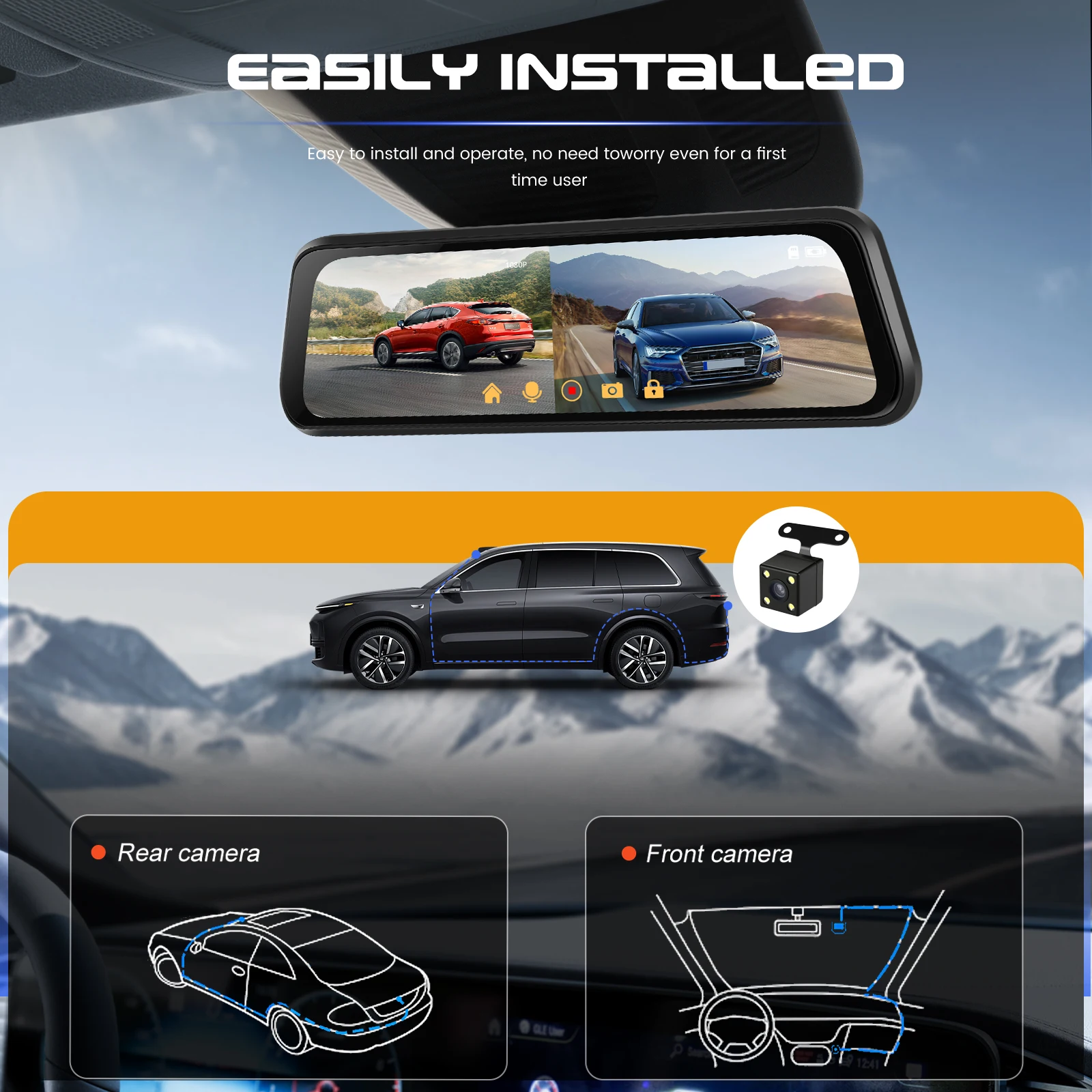Podofo 9,66 Zoll IPS Streaming Rückspiegel-Dashcam 1080P vorne, 480P hinten, Dual-Lens-Autokamera, 150 Grad Weitwinkel, Nachtsicht, F2.0, Loop-Aufnahme, Parküberwachung, Einparkhilfe