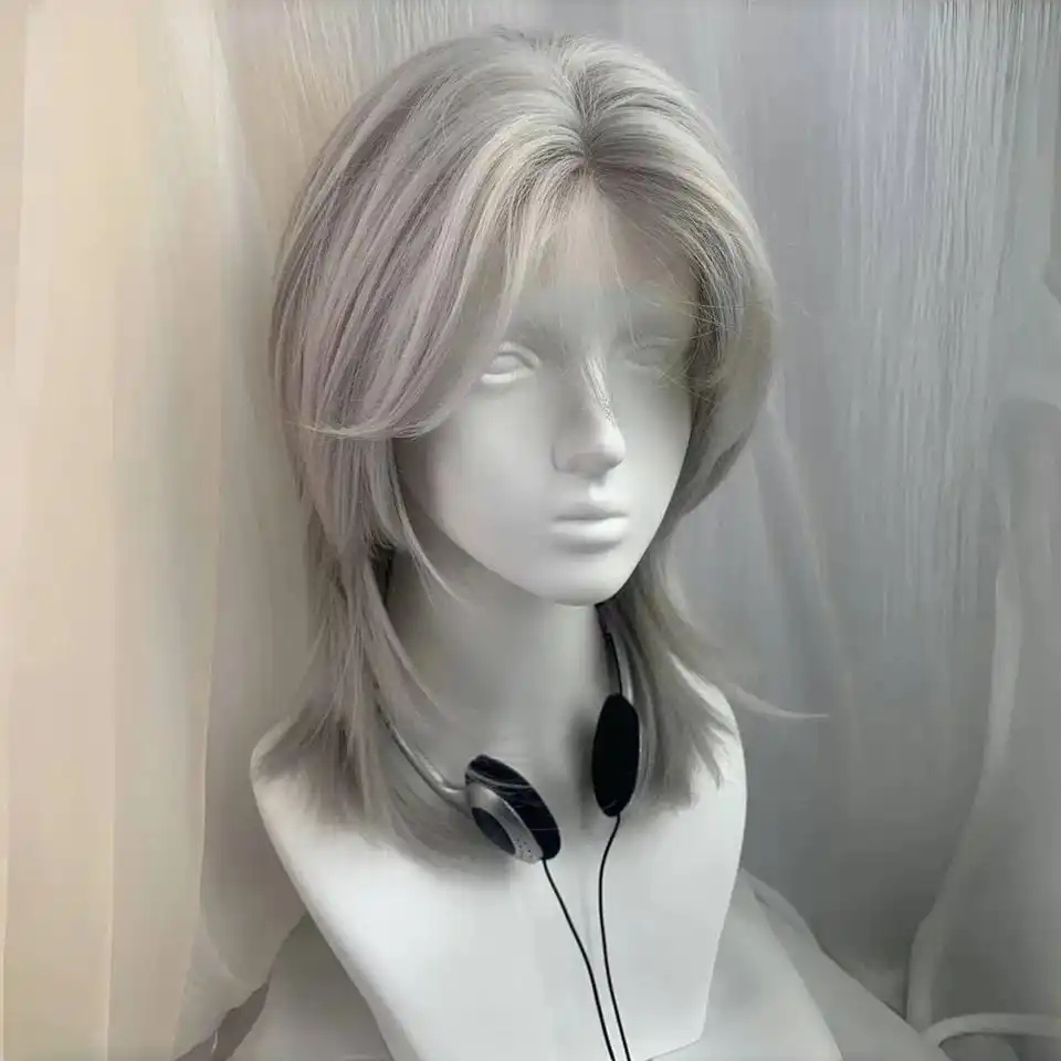 Peluca sintética Lolita, encaje para la frente, cola de lobo, pelo corto y rizado, capa gris plateada, peluca esponjosa diaria, cabeza completa, Unisex, Hallo diaria