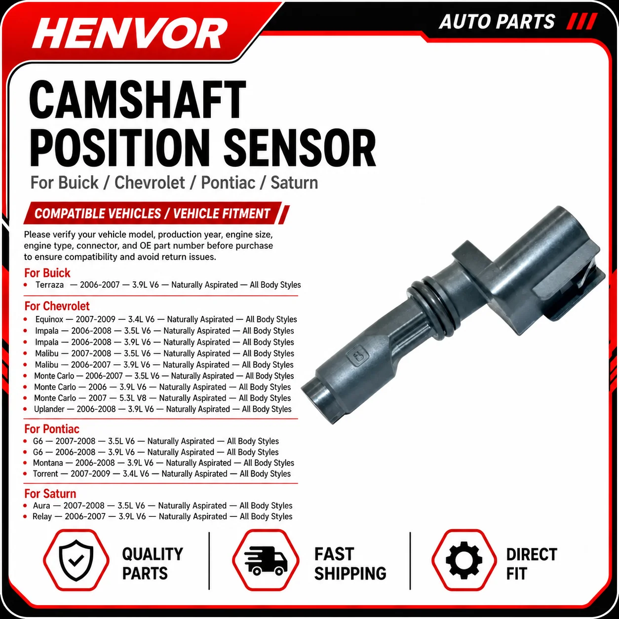 Camshaft Position Sensor for Chevrolet Equinox Impala Malibu Uplander Buick Terraza Pontiac G6 Torrent Saturn Aura Relay