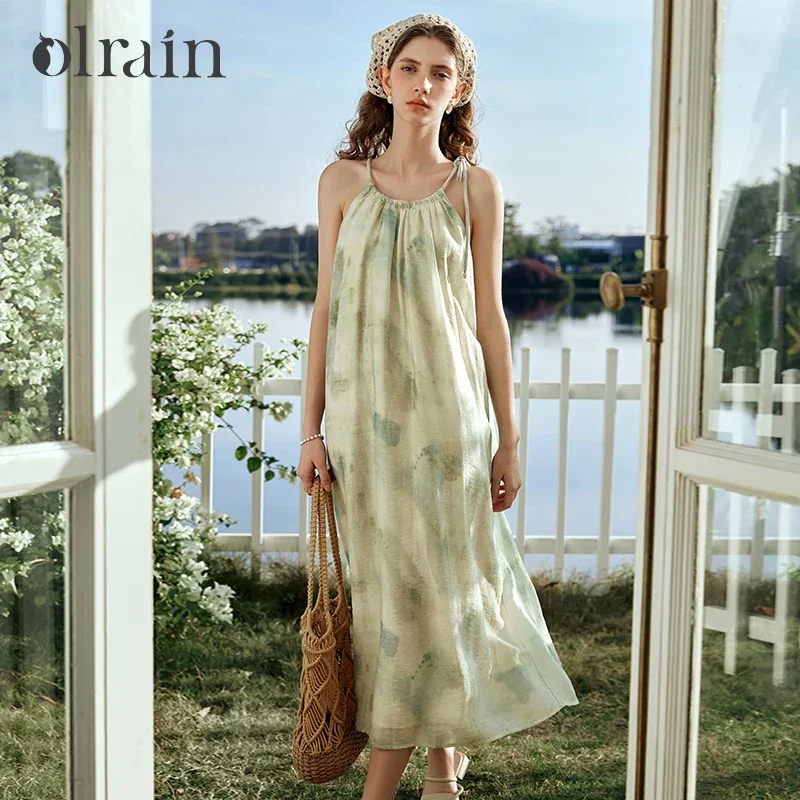 

OLrain Holiday Vacation Long Cami Dresses Women 2025 Summer A-line Sleeveless Chiffon Printing Elegant Sexy Dresses O24XL89918