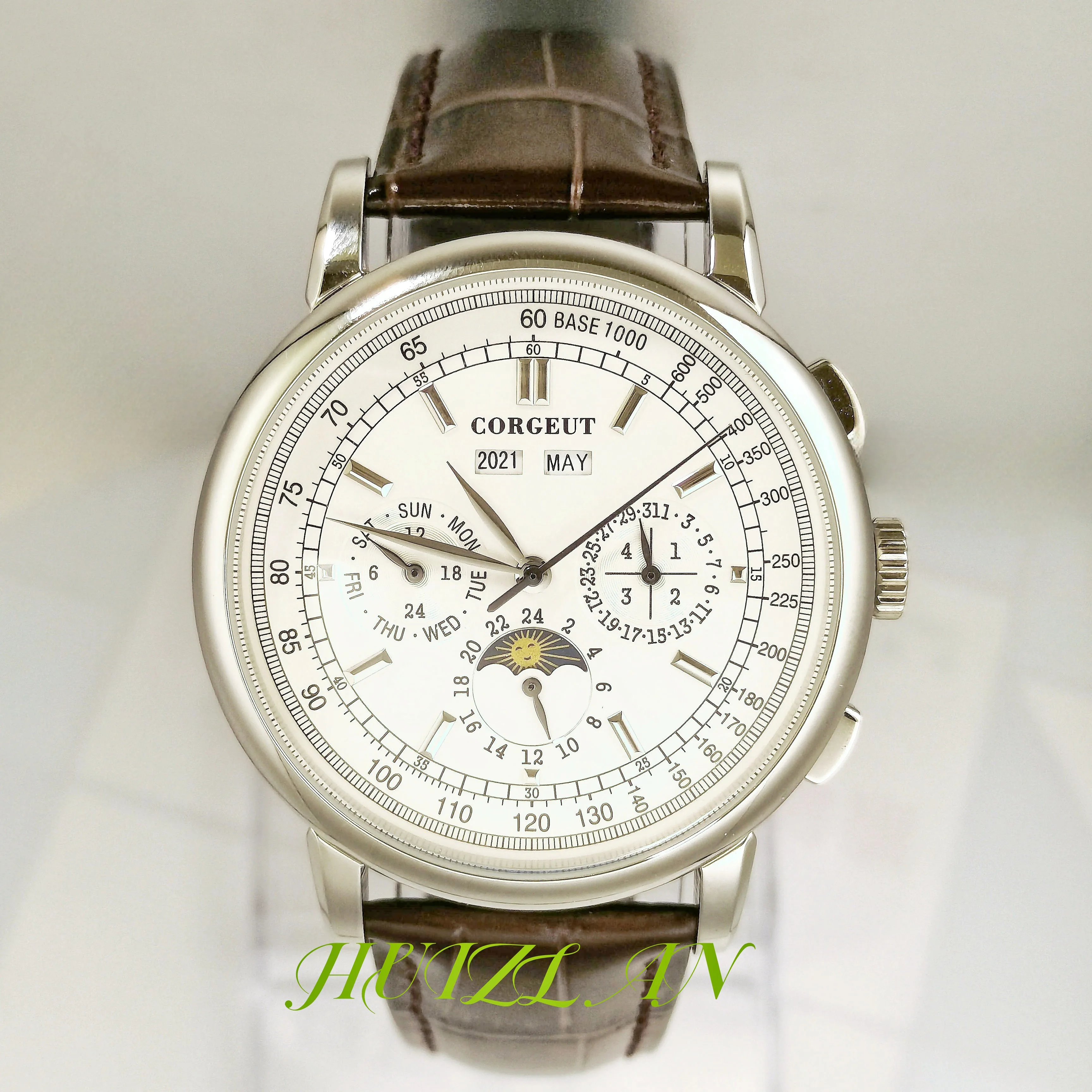 42MM Men's Watch ST1655 Seagull Auto Movement Year Date Multifunctional Indicator Sun and Moon Leather Band Polished Silver