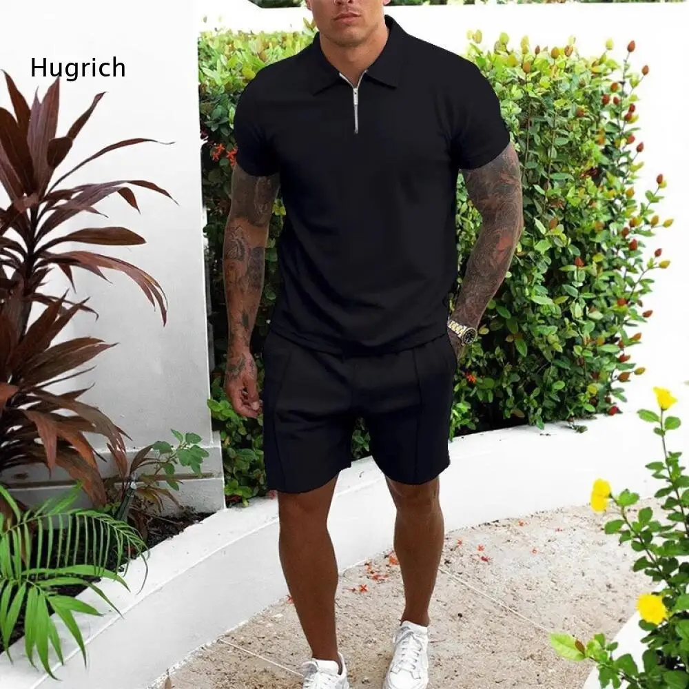 Men Daily Two Piece Matching Suit Half Zip Lapel Short Sleeve Shirt And Drawstring Waist Casual Shorts For Outdoor Dressing