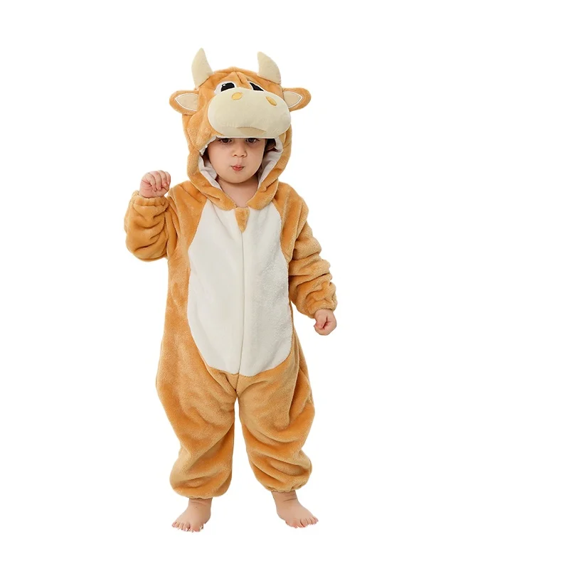 Halloween Costume Cartoon Yellow Calf Romper Baby Plush Hooded Jumpsuit Winter Warm Thickened Zipper Toddler Party Outfit