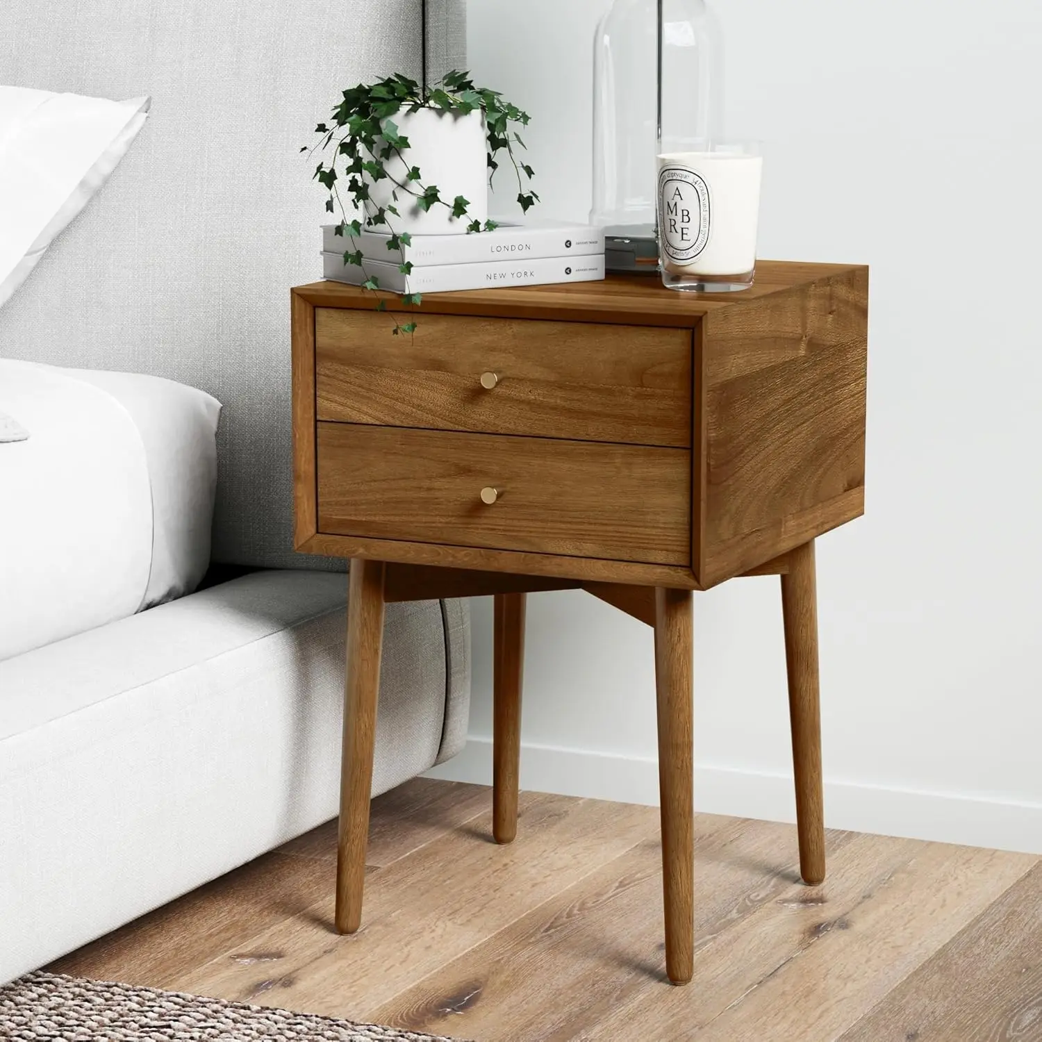 

32704 Harper Mid-Century Oak Wood Nightstand with 2-Drawers, Small Side End Table with Storage, Brown