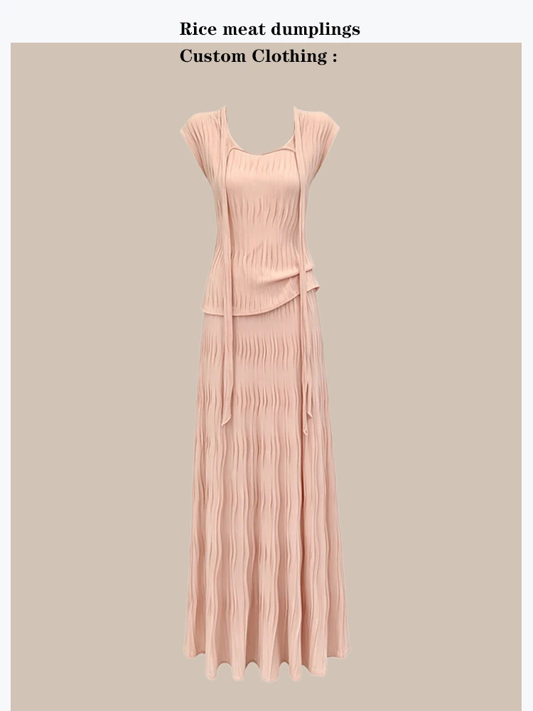 

Elegant Knitwear Set with Gentle Water Wave Pattern Two-Piece Suite for Women Stylish Slim Fit V-Neck Top And High Waist Skirt