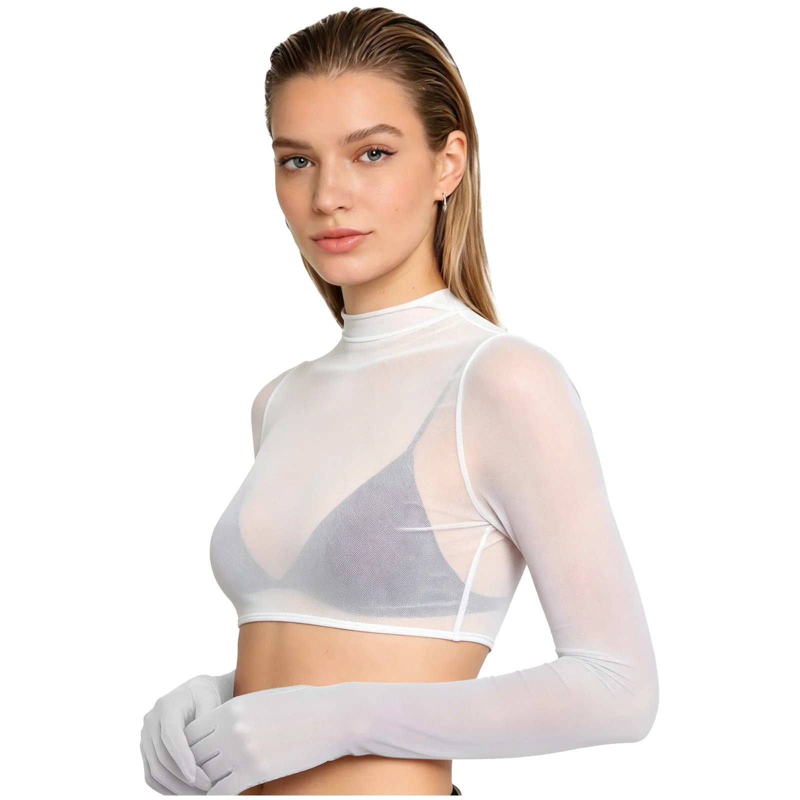 Women Long Sleeve Stretchy Sexy Sheer Mesh Glossy Crop Top Tee Blouse Cover-ups for Nightclub Rave Party Beach Pool Nightwear