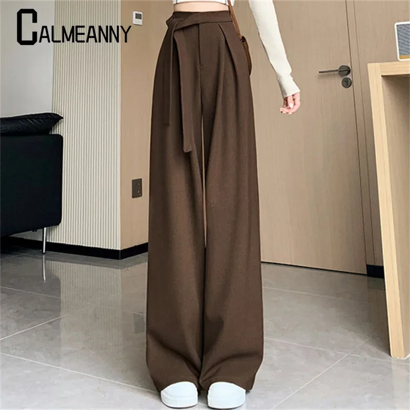 

Женские брюки 2025, осень-зима, модные повседневные свободные широкие брюки с эластичной резинкой на талии, прямые рабочие брюки с высокой талией, повседневные офисные женские брюки