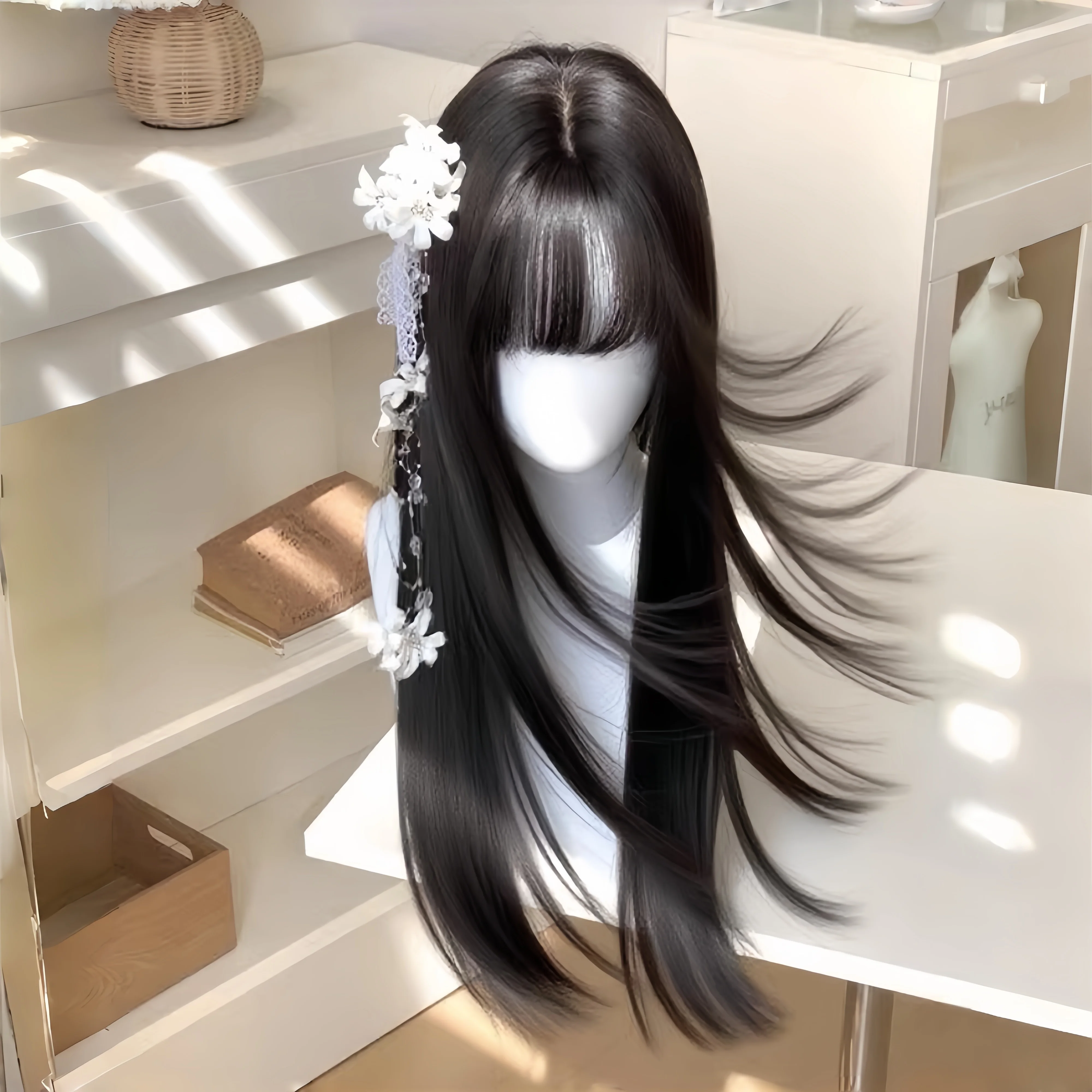 Ashely Black Wig with Bangs Cartoonish Style 24inch Long Straight Hair Wig High Temperature Fibers Hair Replacement Patch Femmes