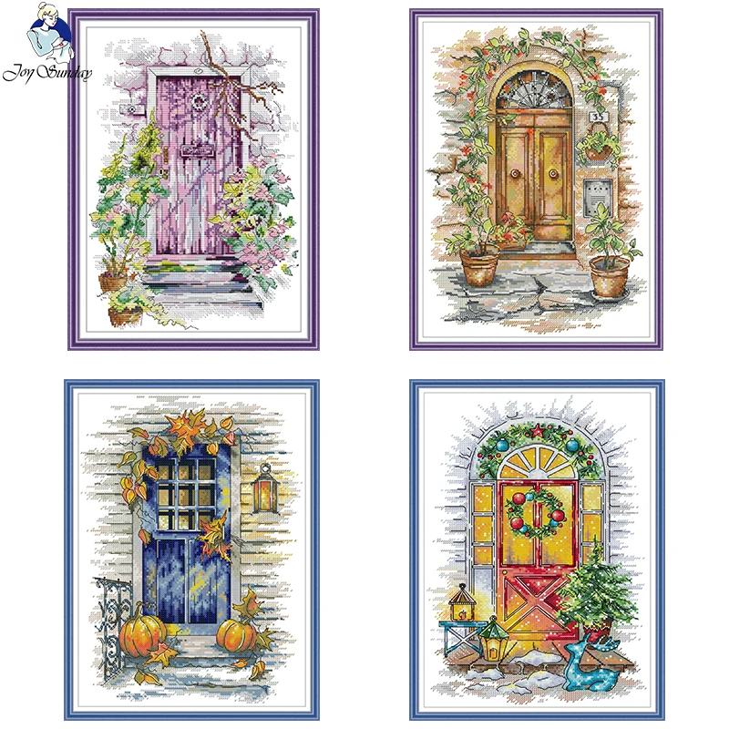 Four Seasons In Front Of The Door View Series Counted Cross Stitch Kit 14CT 11CT White Fabric Printed Embroidery Set Home Decor