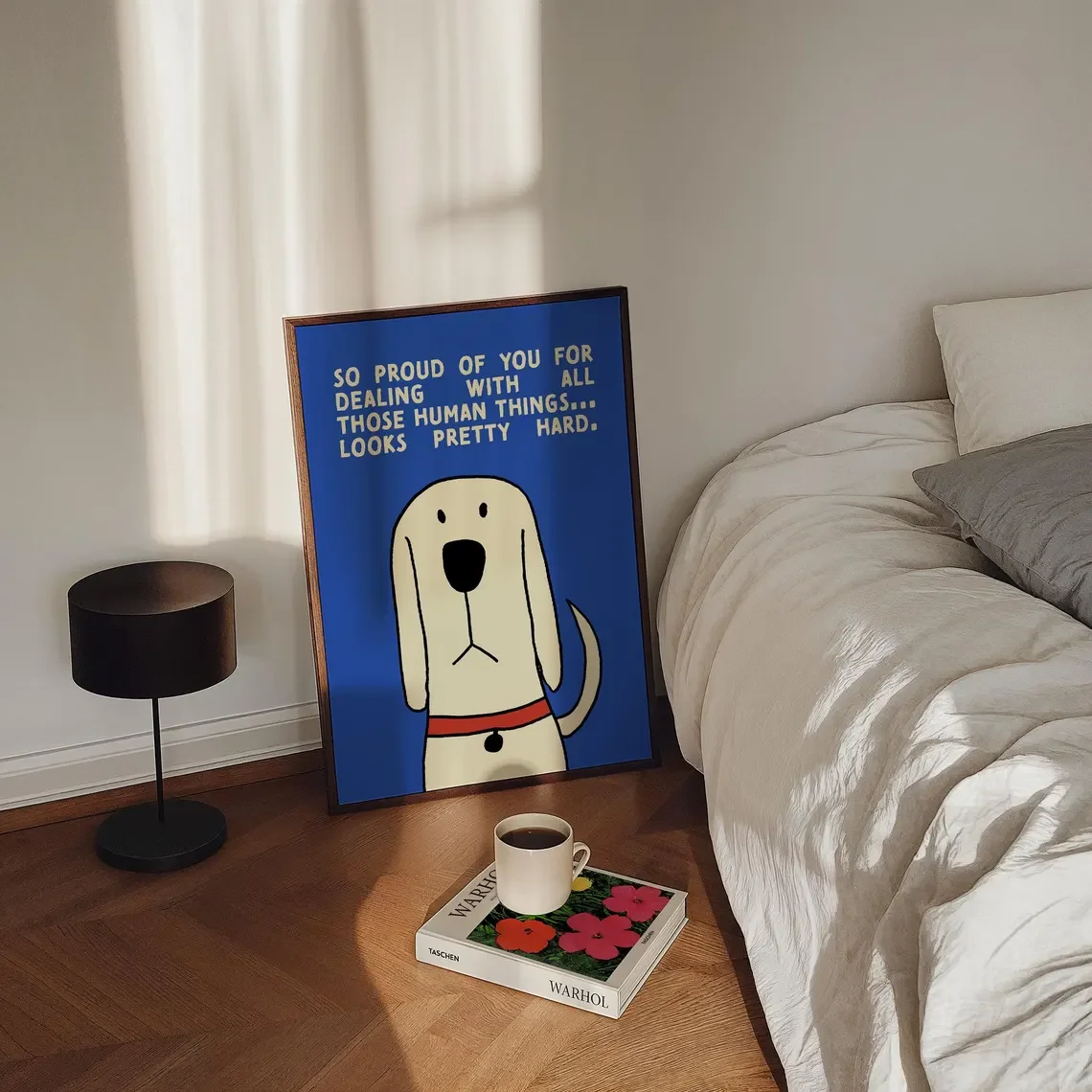 Gentle Humorous Dog Wall Art - Clean, Graphic Print of a Kind-Eyed Dog Offering Quiet Encouragement, Blending Warm Beige Tones w