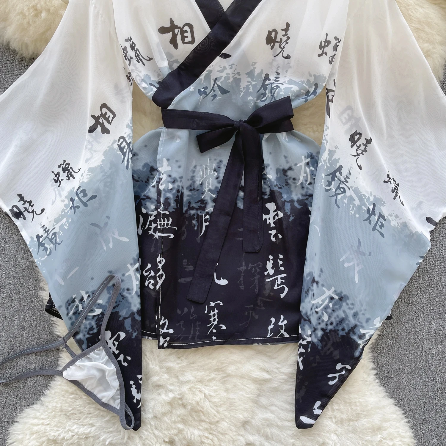 Sexy Kimono Chinese Characters Print Slightly Transparent One Piece Bathrobe Loose Sleeves Causal Dress Erotic Slim Pajamas