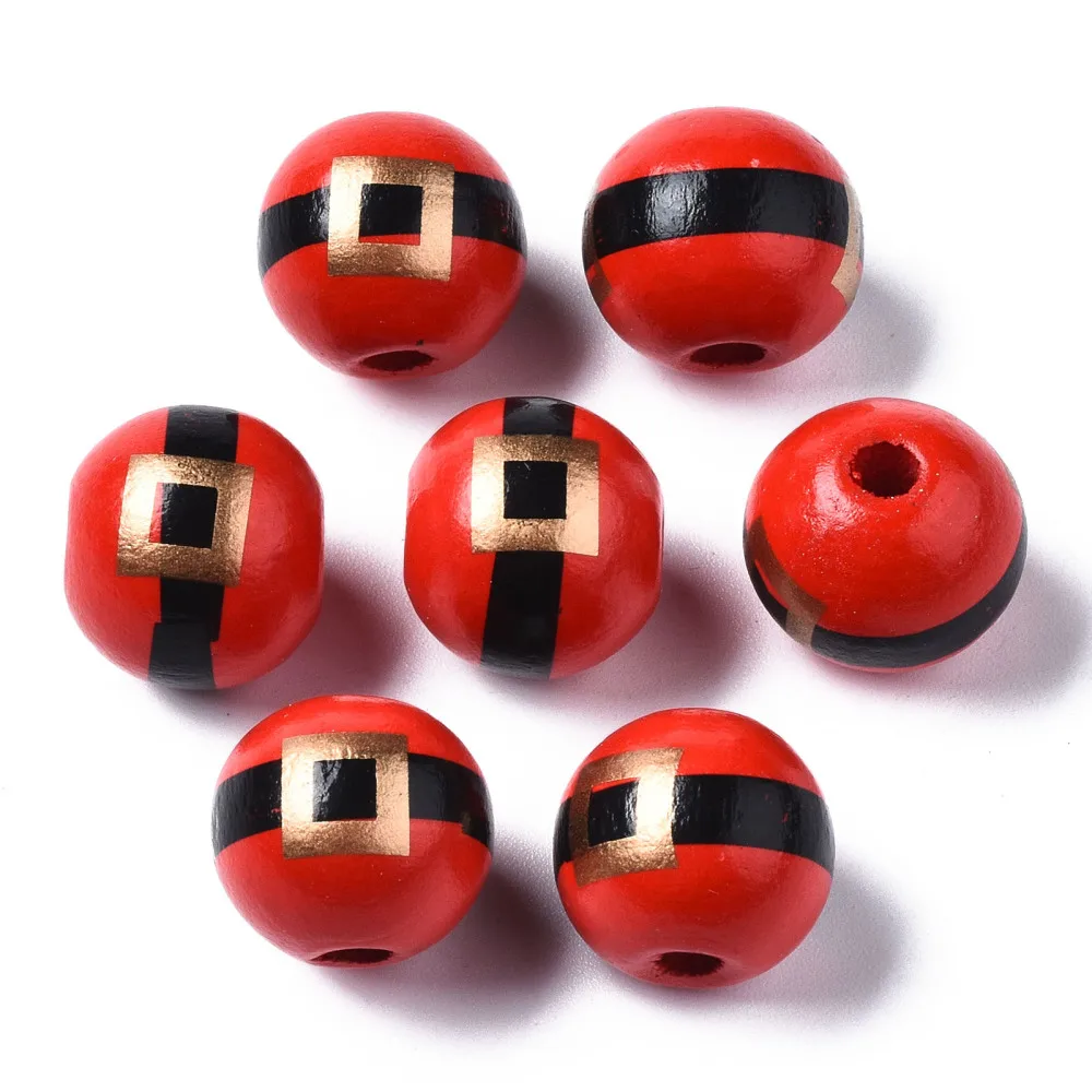 

50Pcs Printed Christmas Garland Wooden Beads Bulk Red Round Balls Wood Beads for Jewelry Making DIY Xmas Decoration Party 16mm