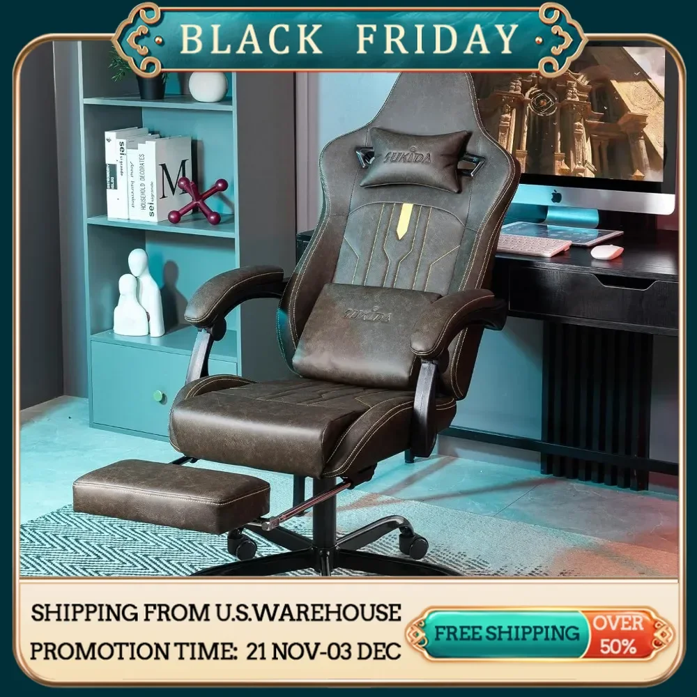 Gaming Chair with Footrest Ergonomic Computer Chair Massage Lumbar Cushion, Racing Video Game Chair Adjustable Rocker Recliner