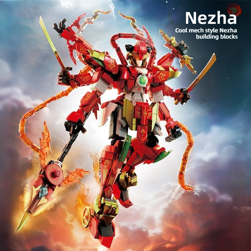 

Китайский механический стиль Nezha, комплект строительных блоков, 906 шт., крутая красная фигурка робота, коллекционные кирпичи, игрушки для детей, подарок на праздник, день рождения