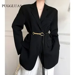 Black Suit Jacket Women 2022 New Vintage Autumn Spring Fashion Loose Blazer Jackets With Belt Female Office Ladies Outwear 2022