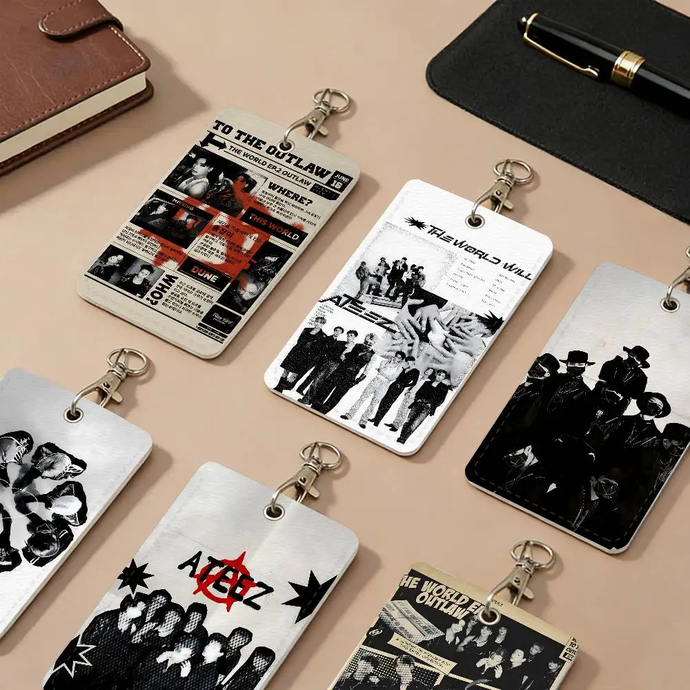 A-ATEEZ KPOP PU Leather Card Holders Anti-lost Protective Cover Cases Cards